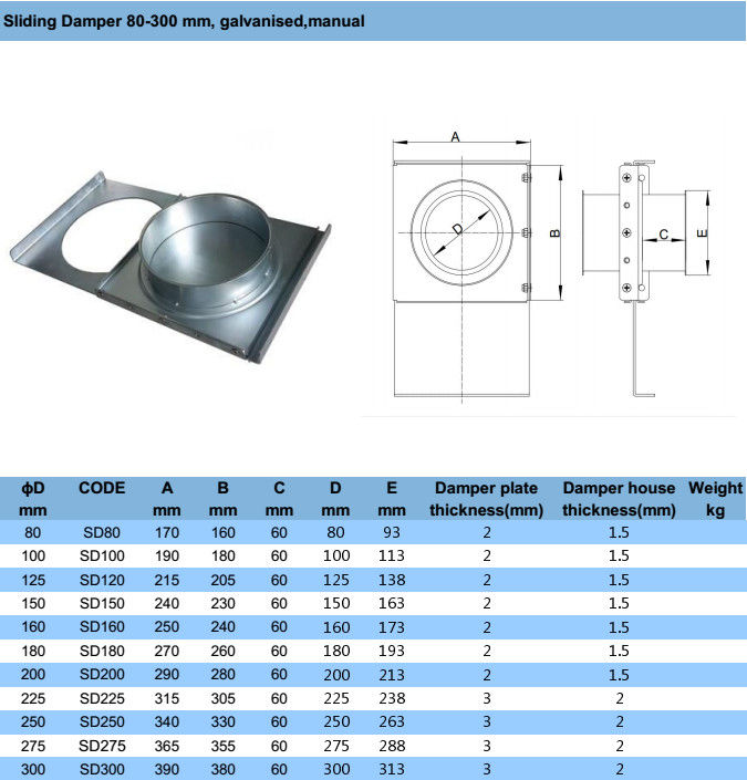 Galvanised Steel Sliding Duct Dampers Collector Blast Gate From80mm To